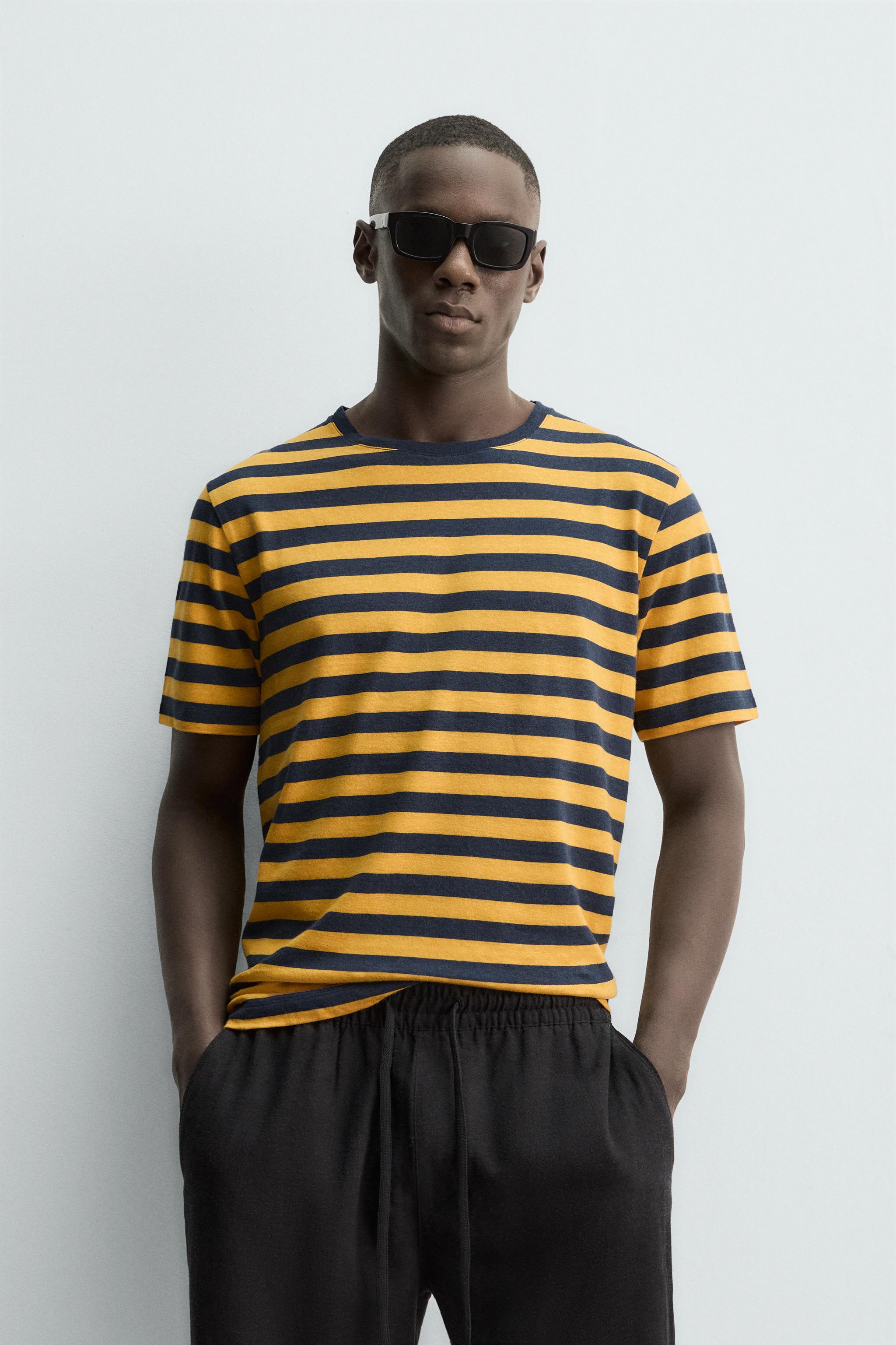 STRIPED LINEN COTTON BLEND T-SHIRT