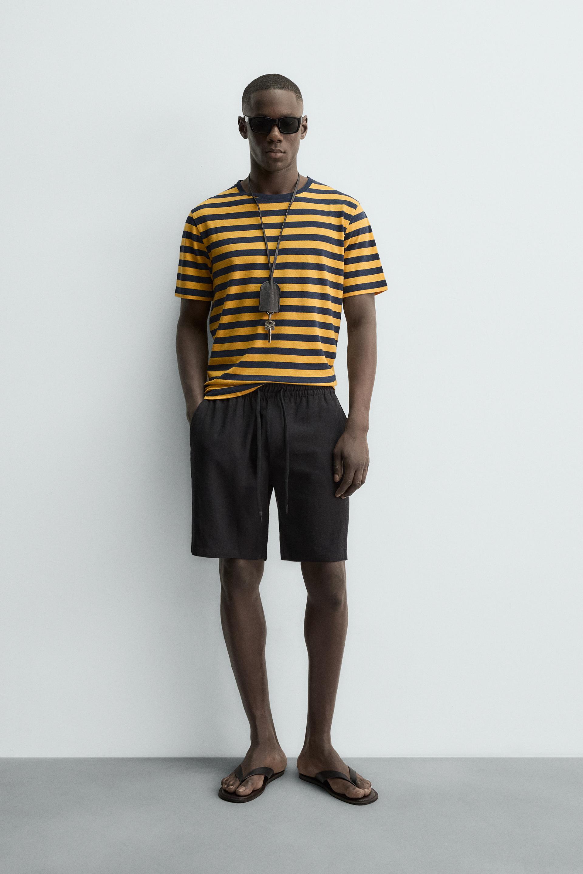 STRIPED LINEN COTTON BLEND T-SHIRT